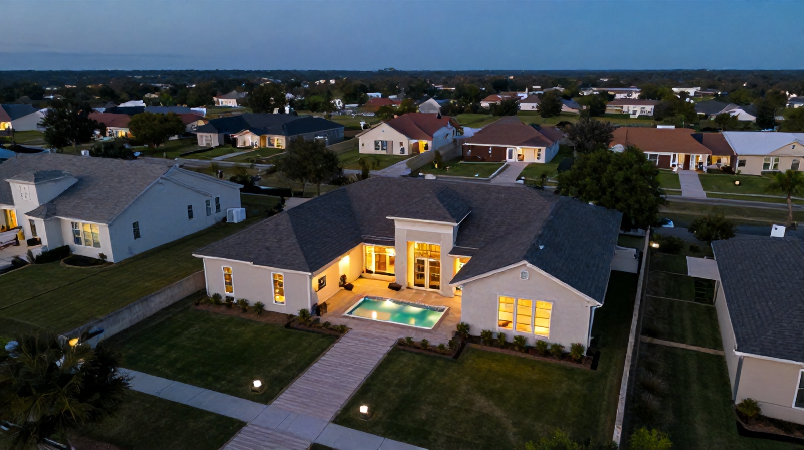 Oblique twilight aerial drone shot of a Round Rock home highlighting real estate listing appeal