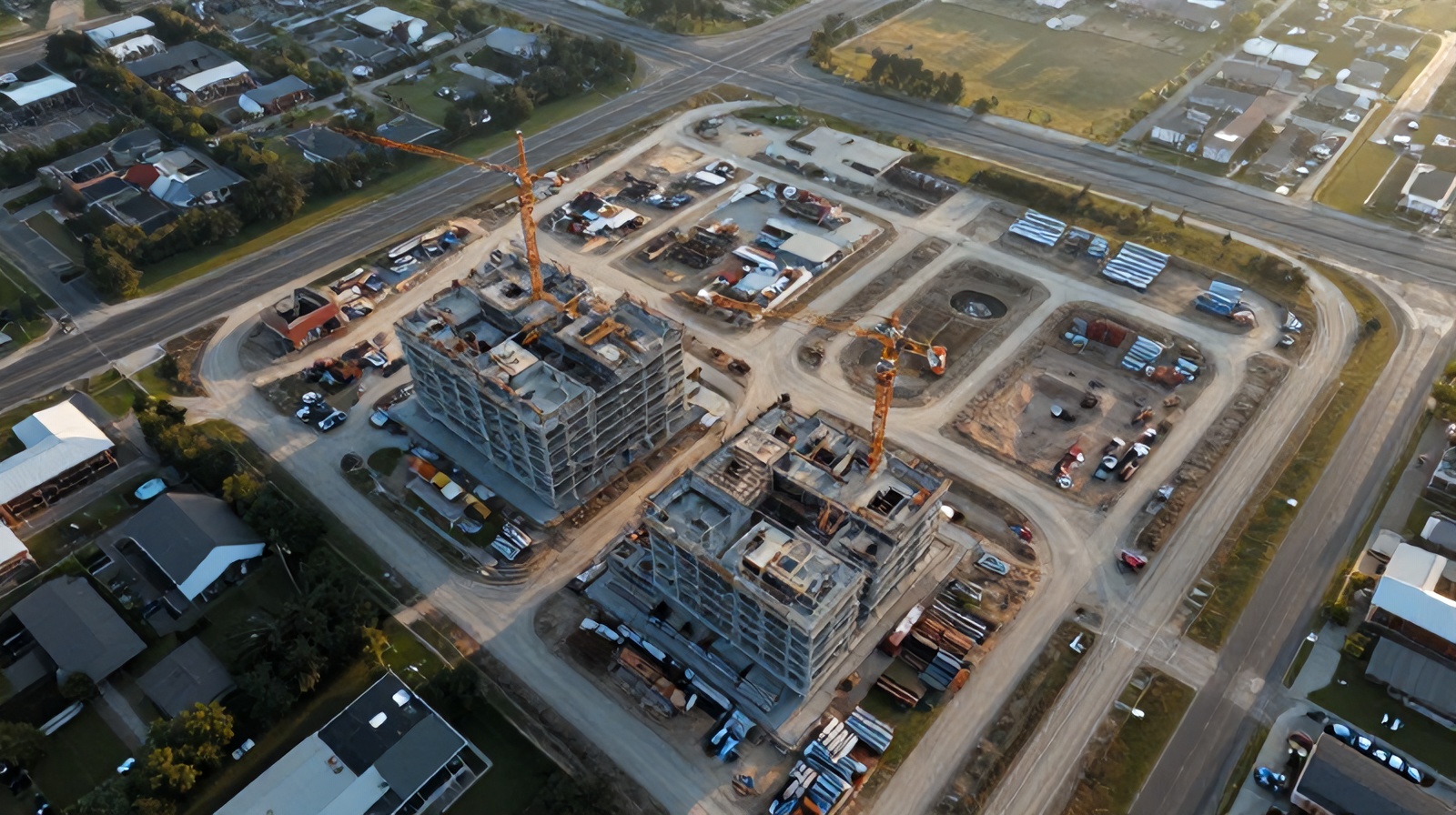 High-altitude aerial view of a construction site in Round Rock, Texas used for time-lapse documentation