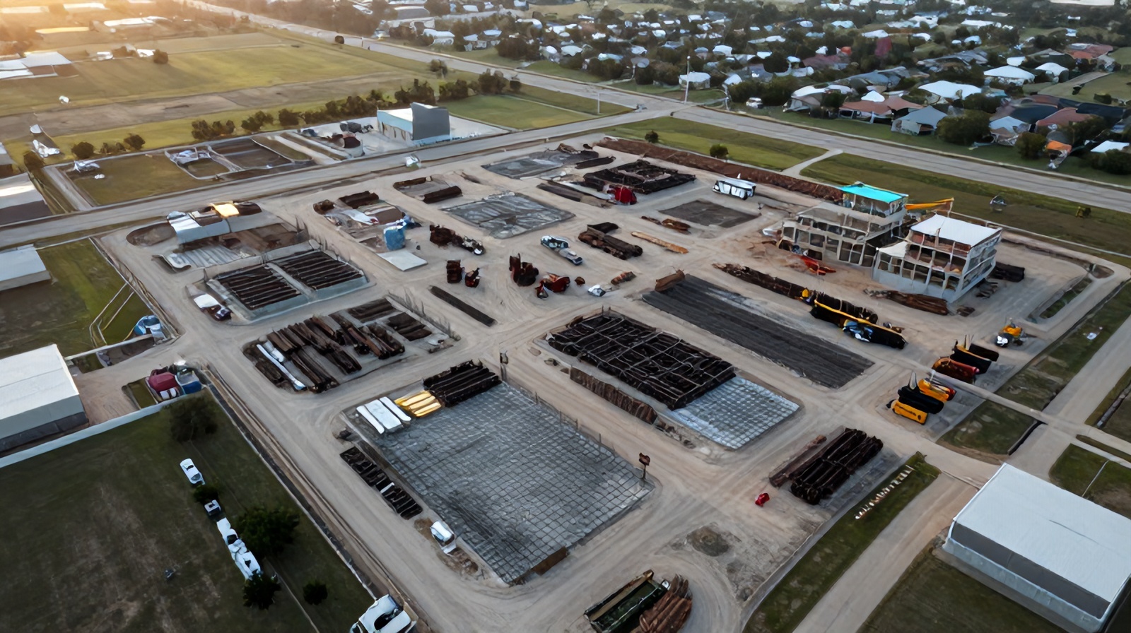 Aerial top-down view of an active construction site near Round Rock, Texas, showing foundations, framing, and equipment
