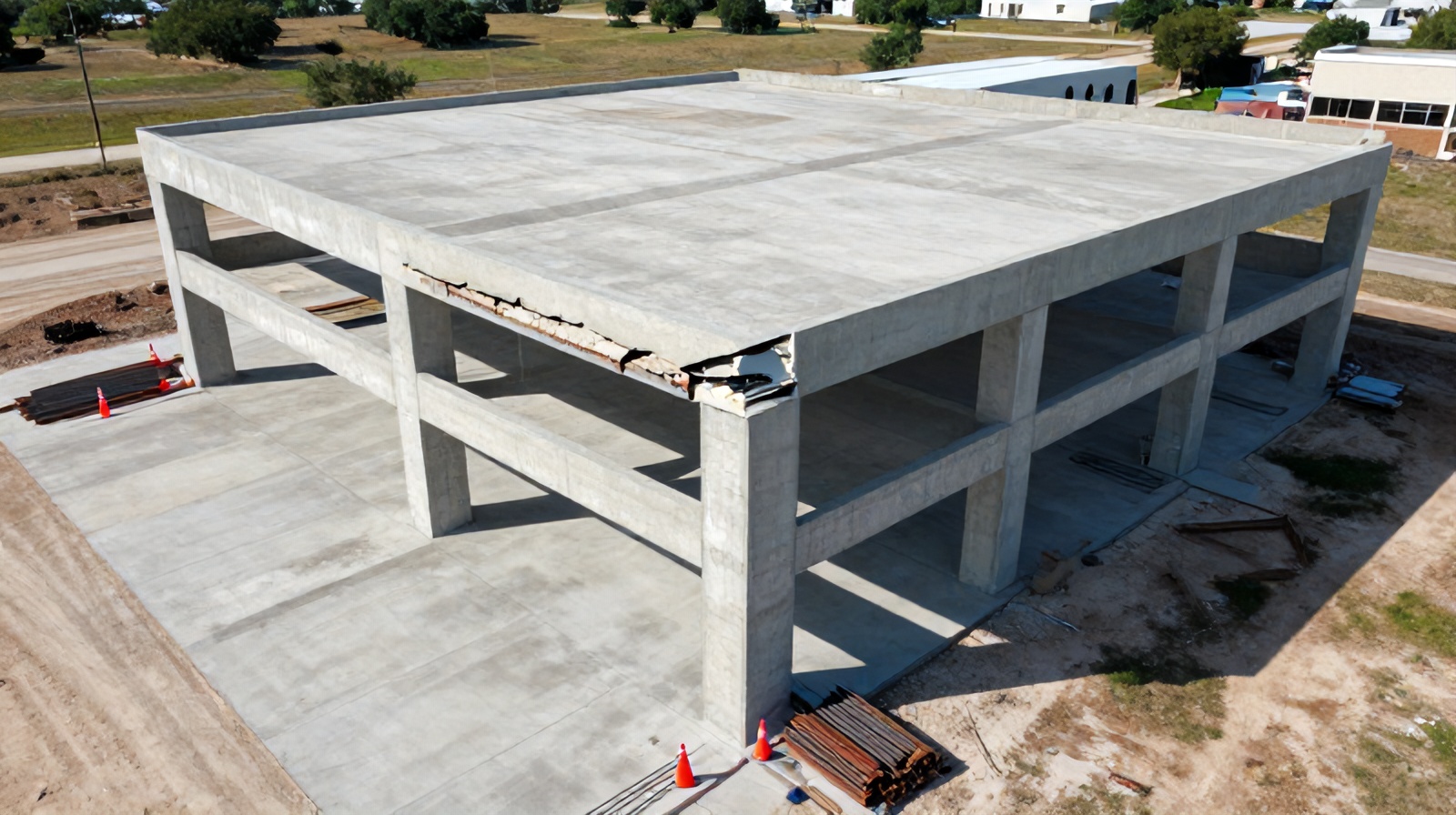 Close aerial view of a misaligned support column and cracked concrete slab on a Texas construction site