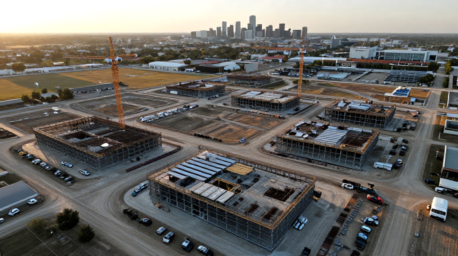 Aerial view of a large construction site in Austin, Texas with the downtown skyline in the background