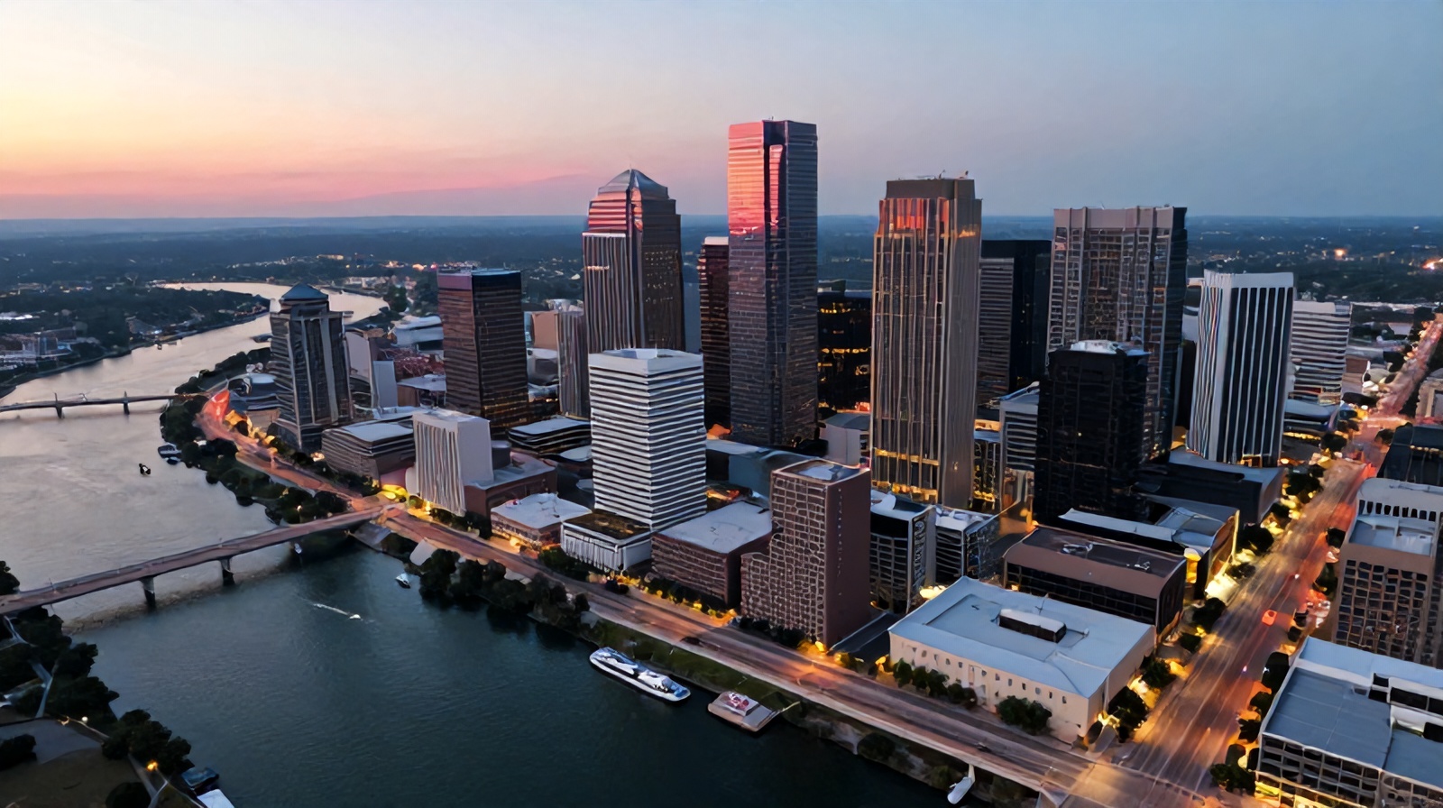 Oblique aerial photograph of downtown Austin skyline at dusk showing professional-grade camera drone image quality