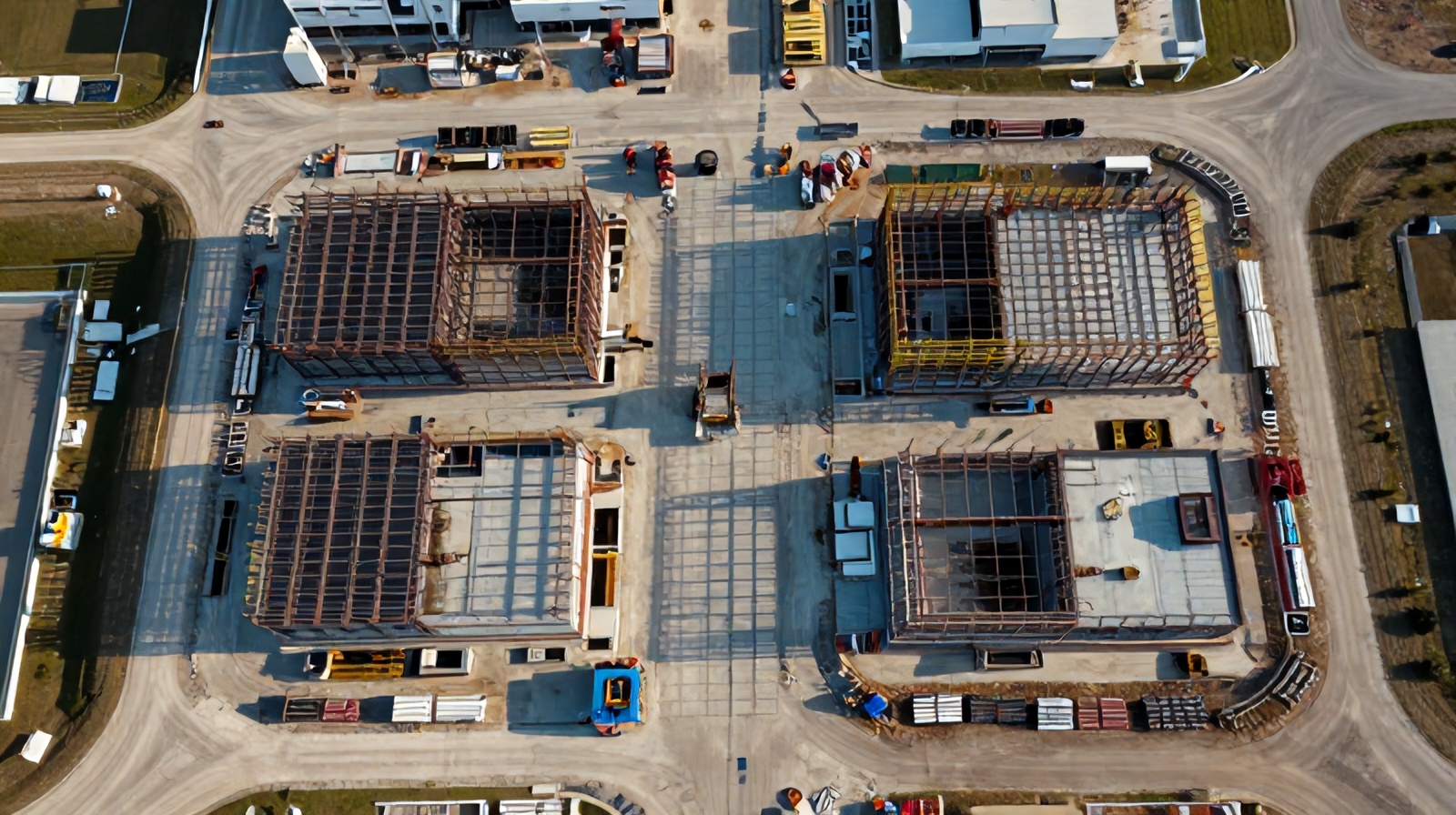 Top-down aerial view of a construction site in Round Rock, Texas showing structural framing for as-built comparison