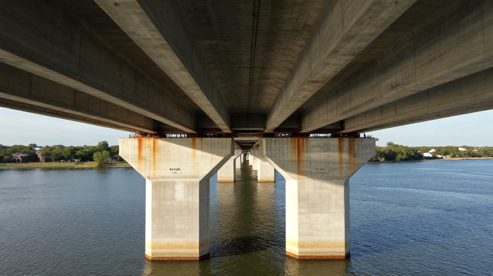Close aerial view beneath a bridge deck showing concrete piers and steel girders during a drone structural inspection