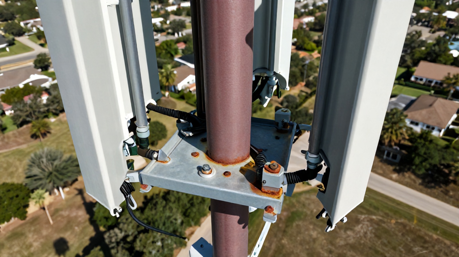 Close-up aerial view of cell tower antenna equipment during a compliance inspection