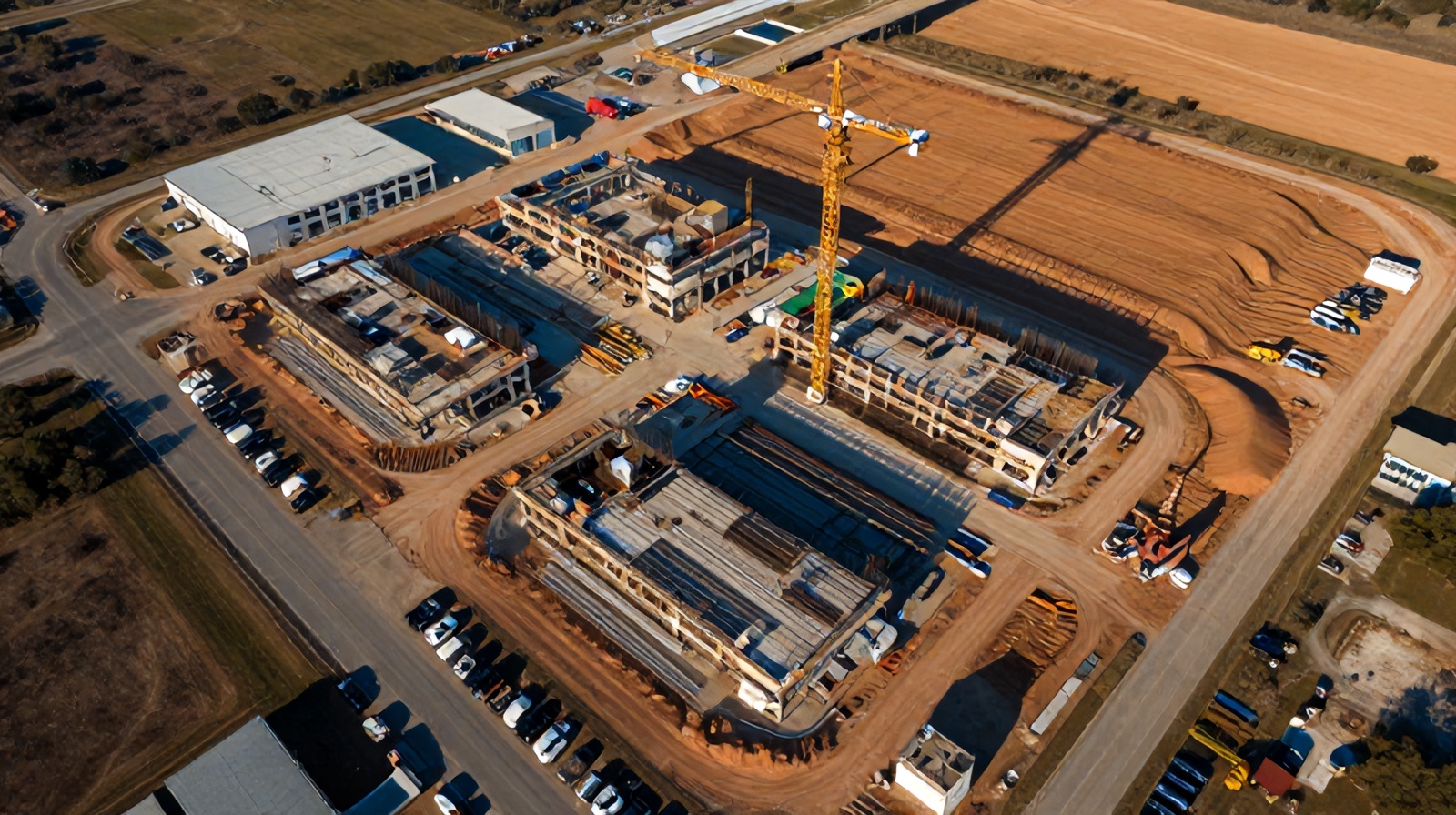 Aerial top-down view of a mid-size construction site in Round Rock, Texas used to evaluate drone analytics platforms
