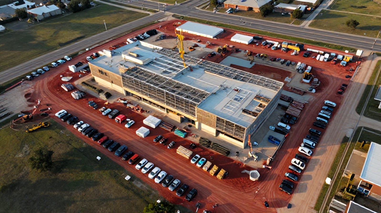 Top-down aerial drone view of an active construction site in Round Rock, Texas, used to illustrate computer vision monitoring