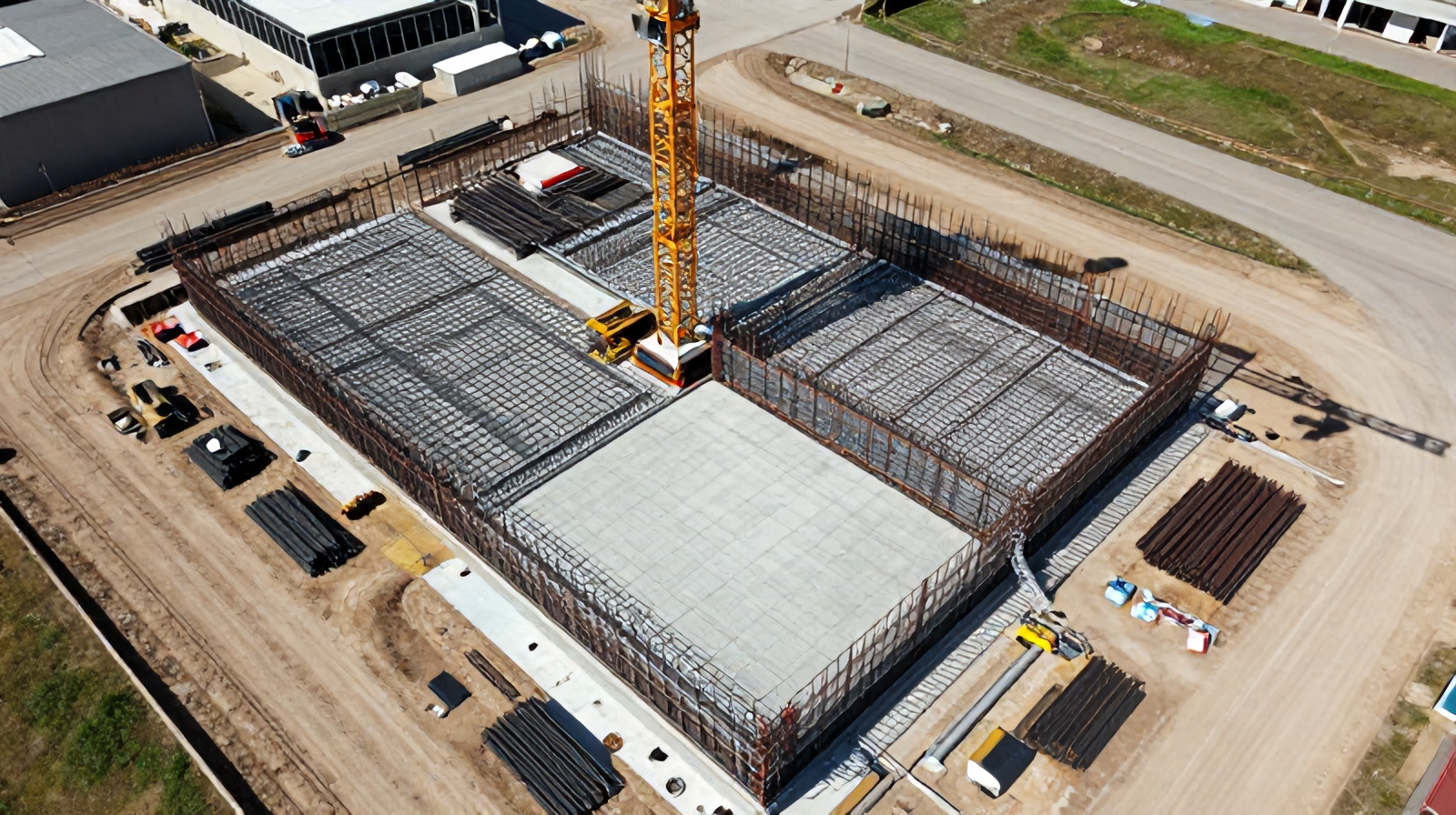 Close aerial drone view of steel framing and foundation details on a Texas construction site representing AI-analyzed imagery