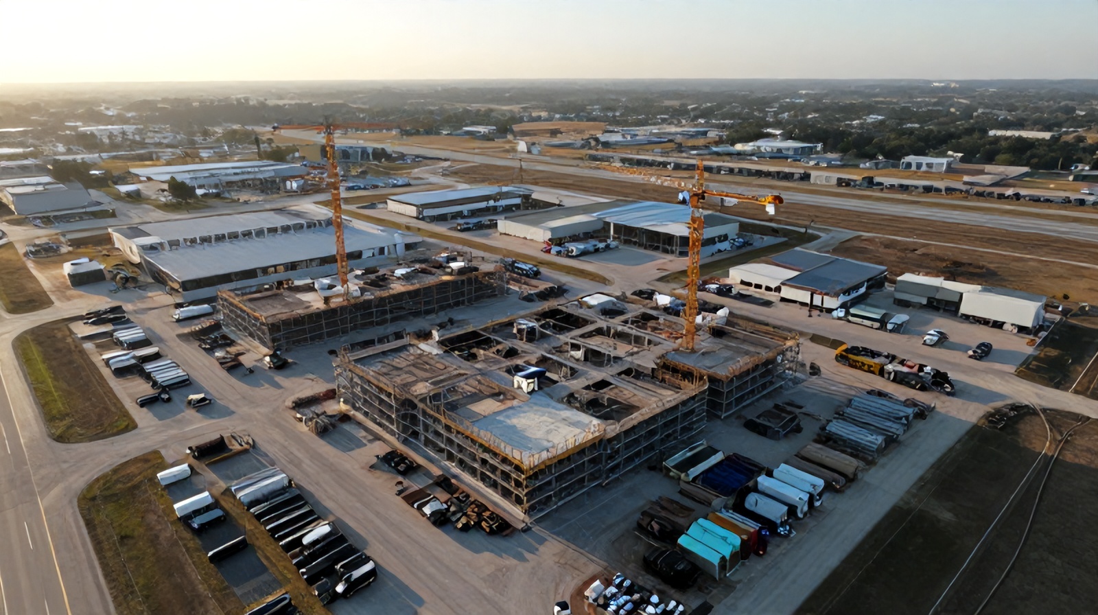 Aerial top-down view of a large construction site near Austin, Texas, illustrating drone airspace regulations for general contractors