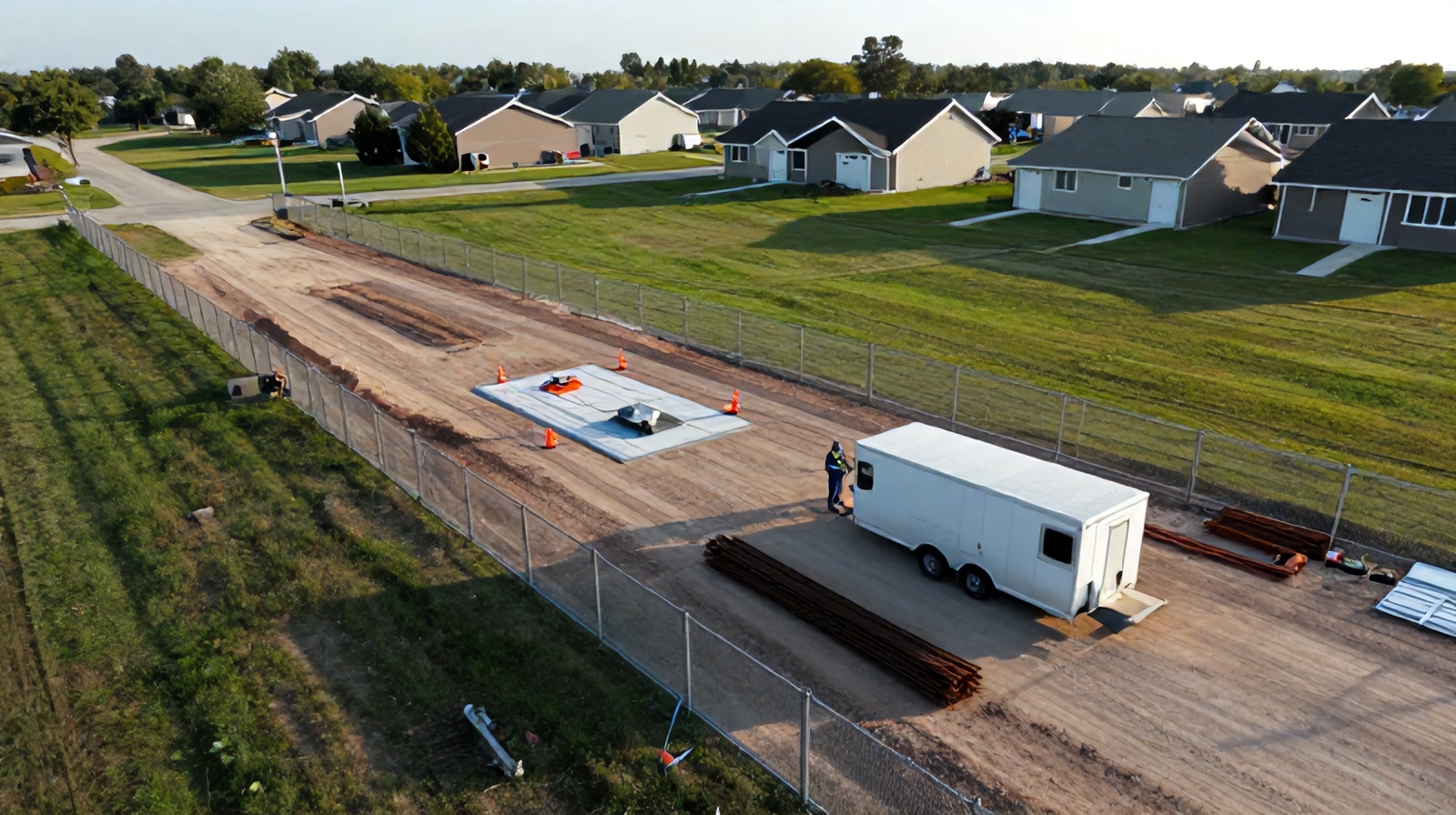Close aerial view of a designated drone launch area at a Texas construction site, representing site-level drone compliance requirements