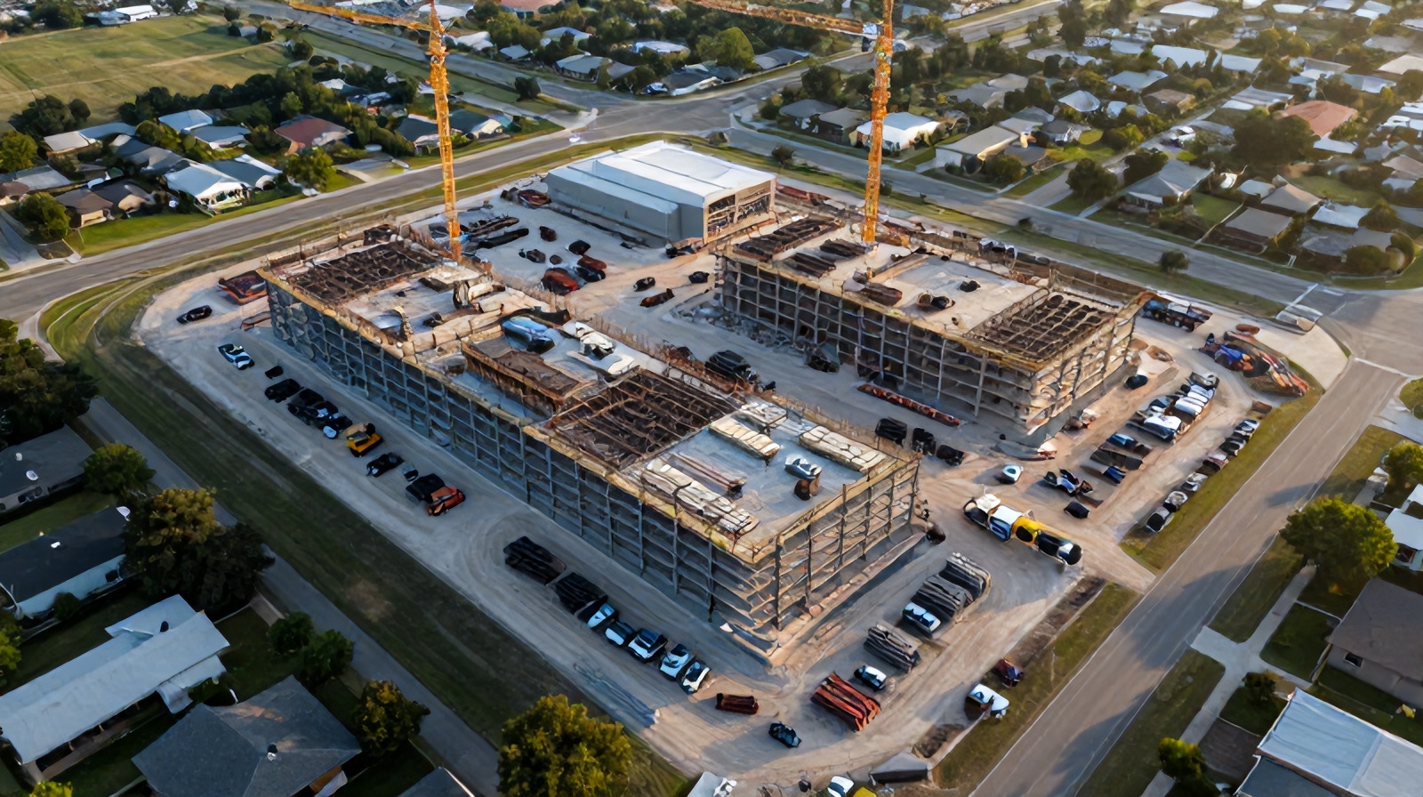 Top-down aerial view of an active construction site in Round Rock, Texas used for drone progress monitoring