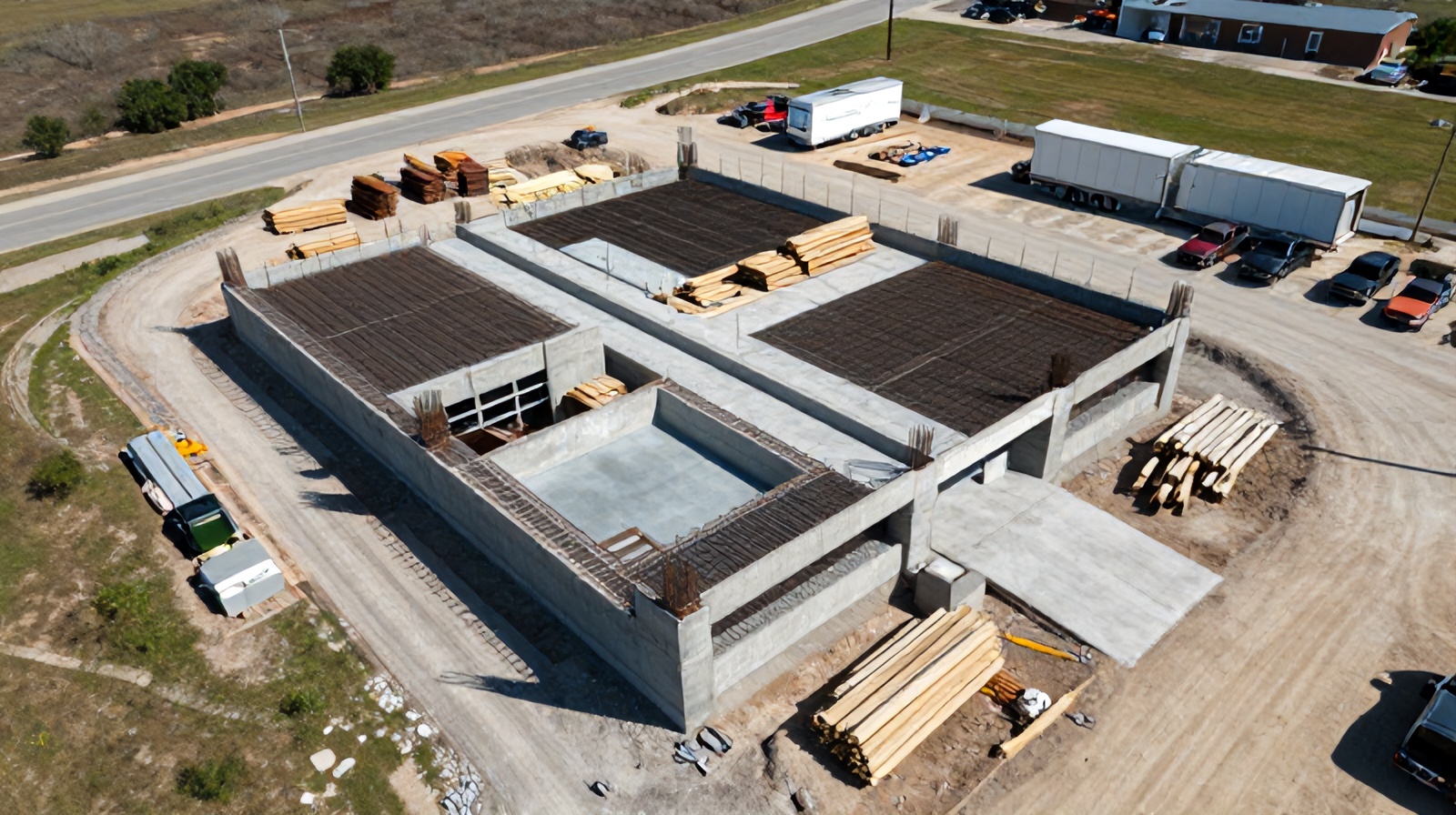 Close aerial drone view of structural framework and materials on a construction site for progress documentation