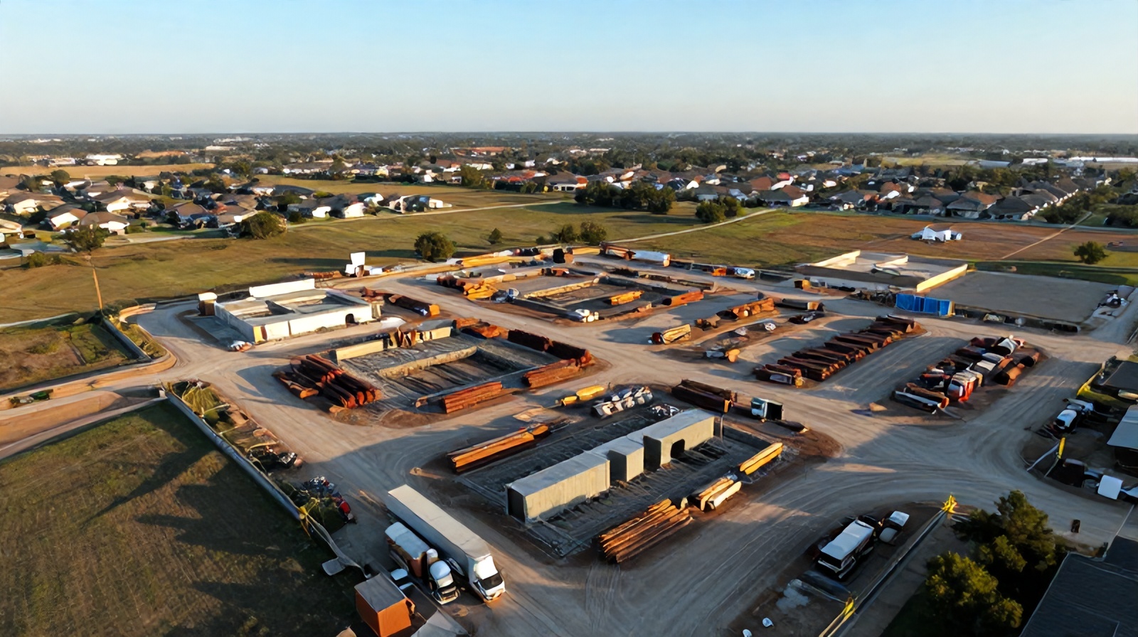 Aerial top-down view of an active construction site near Austin, Texas used for drone monitoring ROI analysis