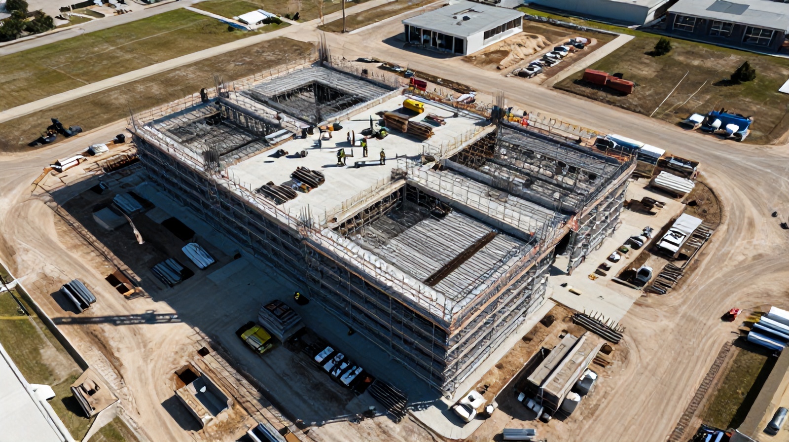 Aerial top-down view of an active Central Texas construction site with scaffolding and workers for safety compliance monitoring
