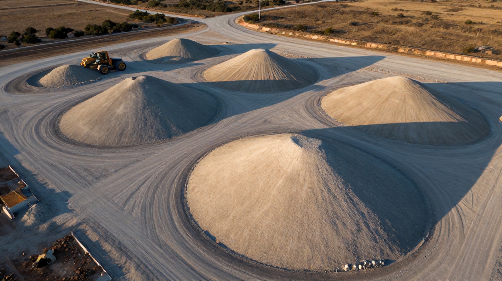 Close aerial view of stockpiles at a Texas aggregate yard used for drone-based volume surveys