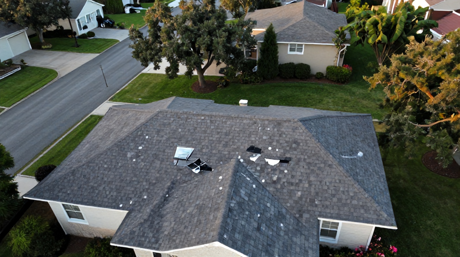 Aerial top-down view of a hail-damaged residential roof in Round Rock, Texas used for insurance claim inspection