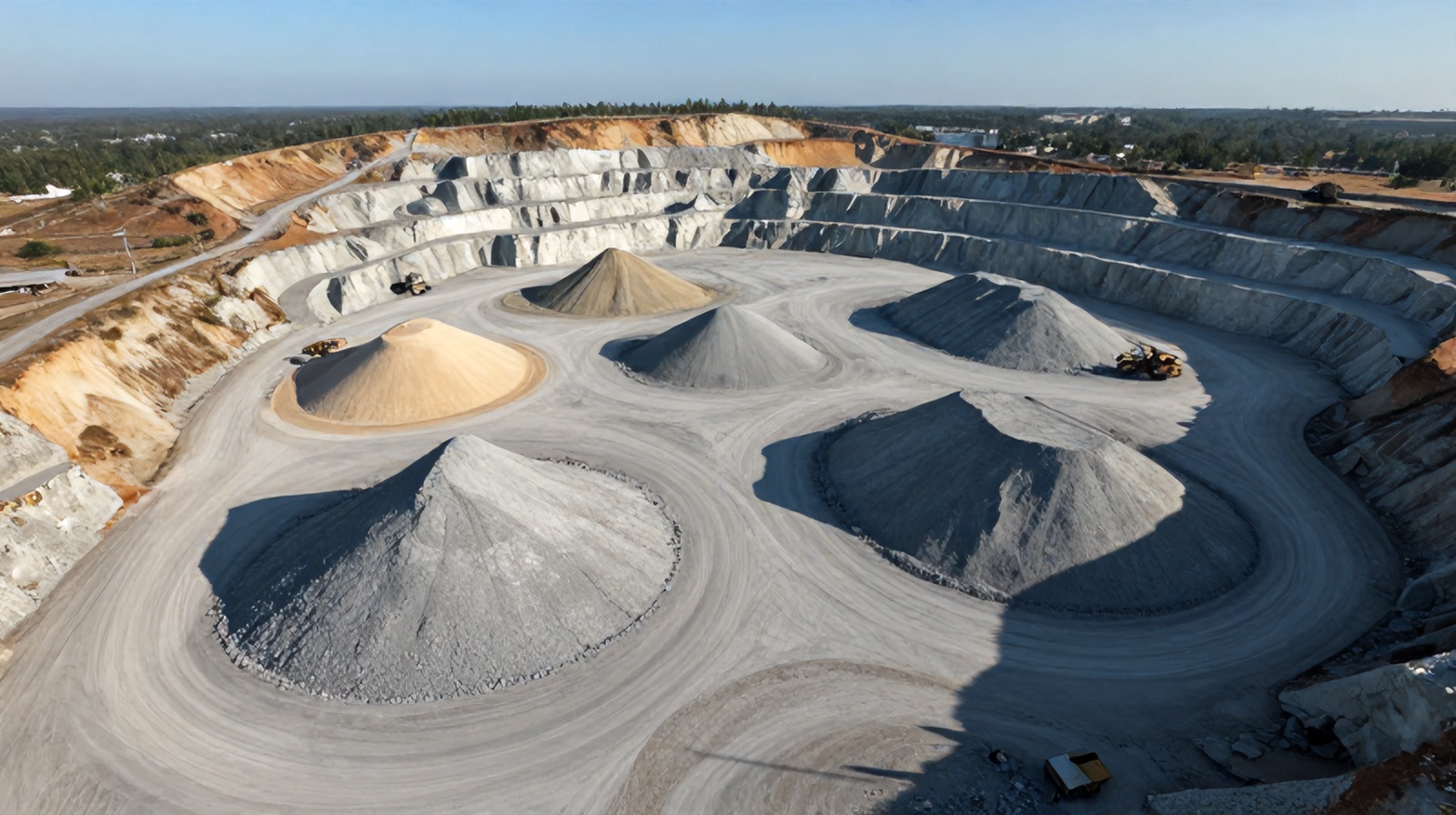 Top-down aerial view of aggregate stockpiles in a Central Texas quarry yard