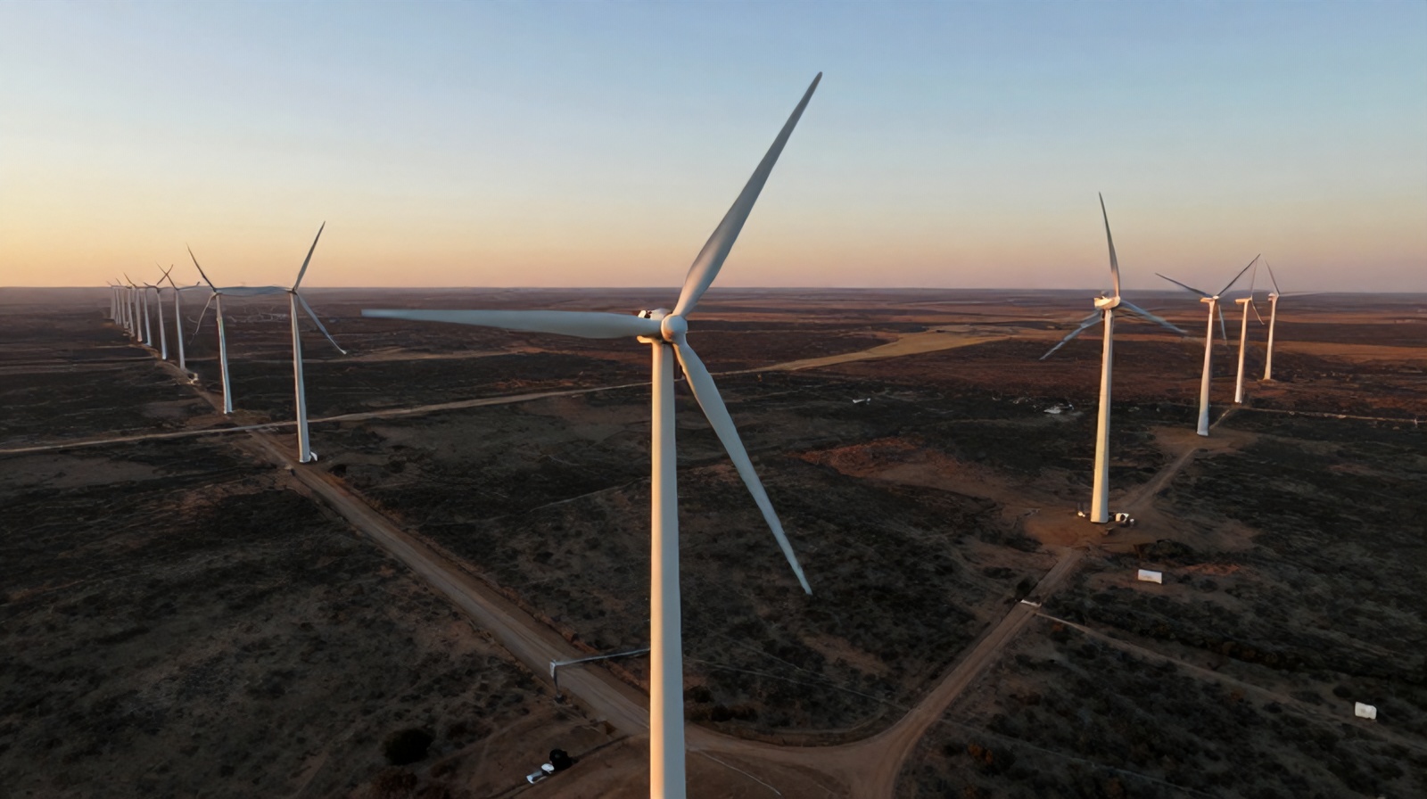Aerial view of a Texas wind farm with rows of wind turbines during golden hour