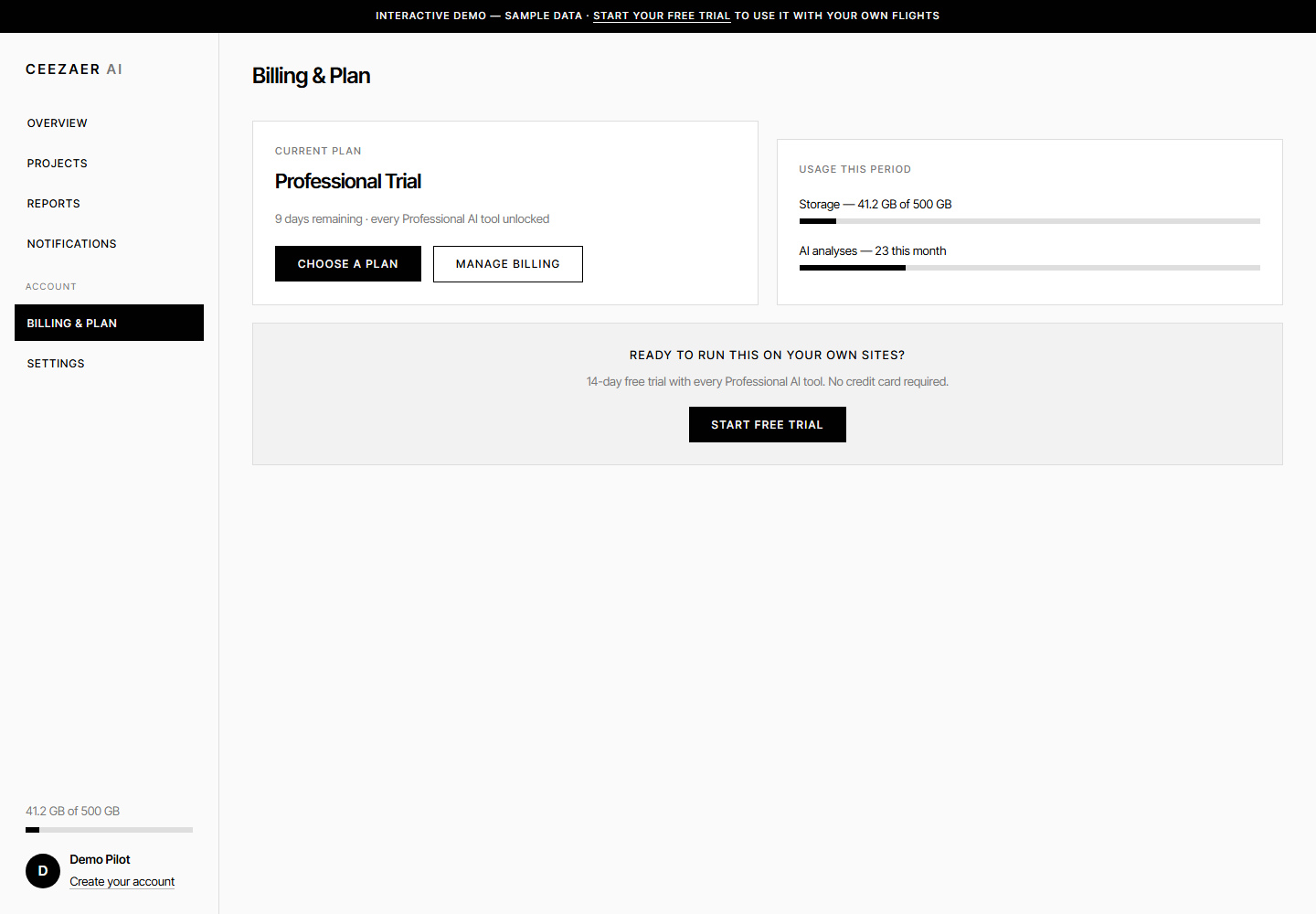 Ceezaer platform billing view — current plan, trial status, storage and AI usage meters