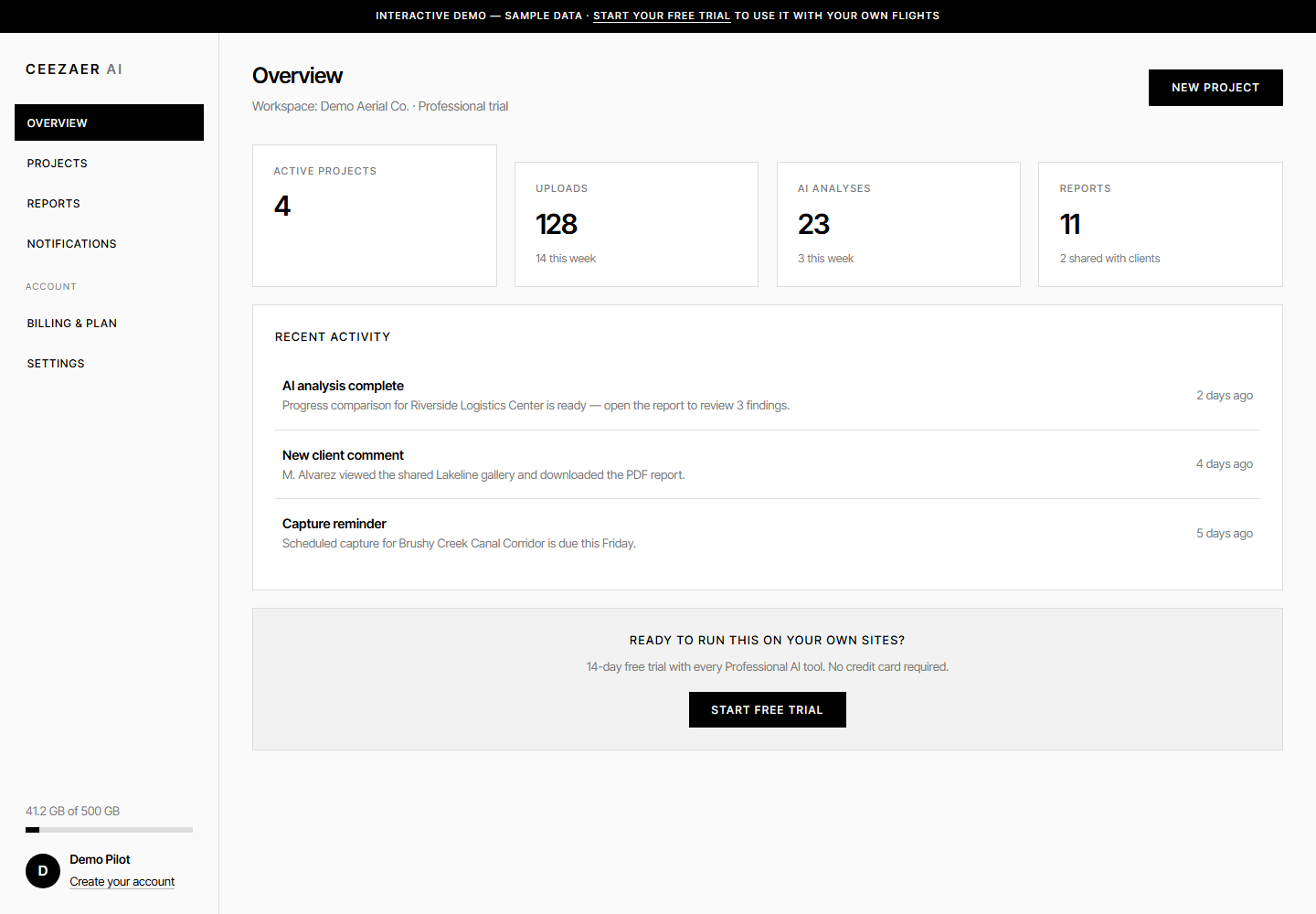 Ceezaer platform dashboard — overview with project stats, uploads, AI analyses and recent activity