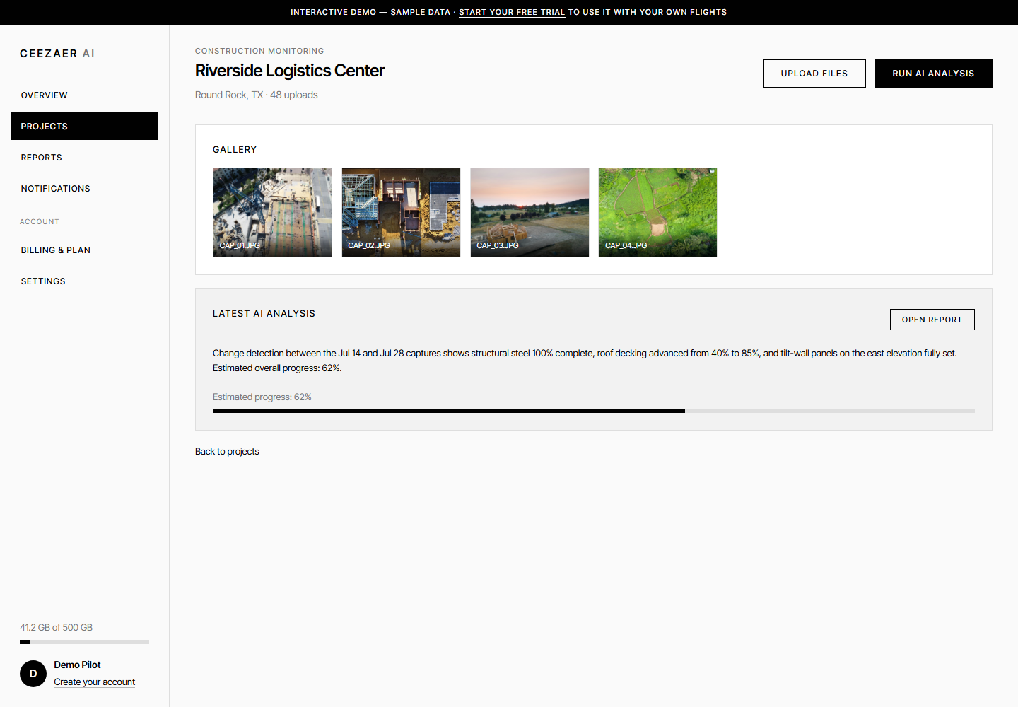 Ceezaer platform project workspace — construction monitoring gallery with AI change-detection analysis showing 62% estimated progress