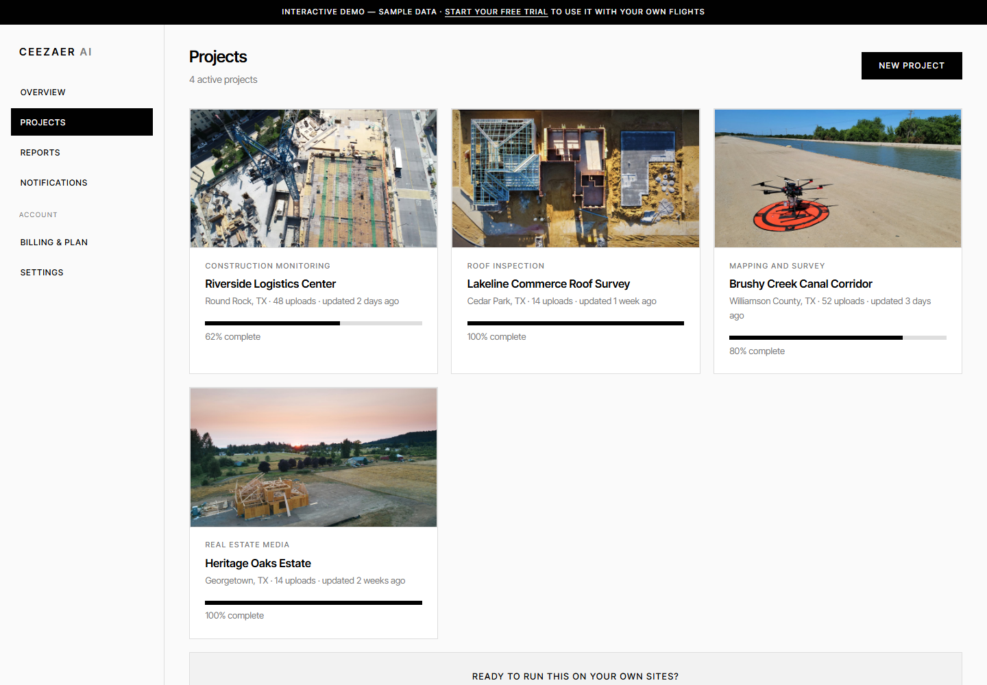 Ceezaer platform dashboard — projects view with construction monitoring, roof inspection, mapping and real estate projects