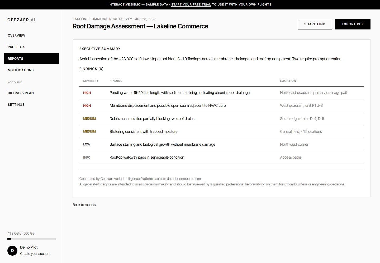Ceezaer platform dashboard — AI roof damage assessment report with severity-rated findings